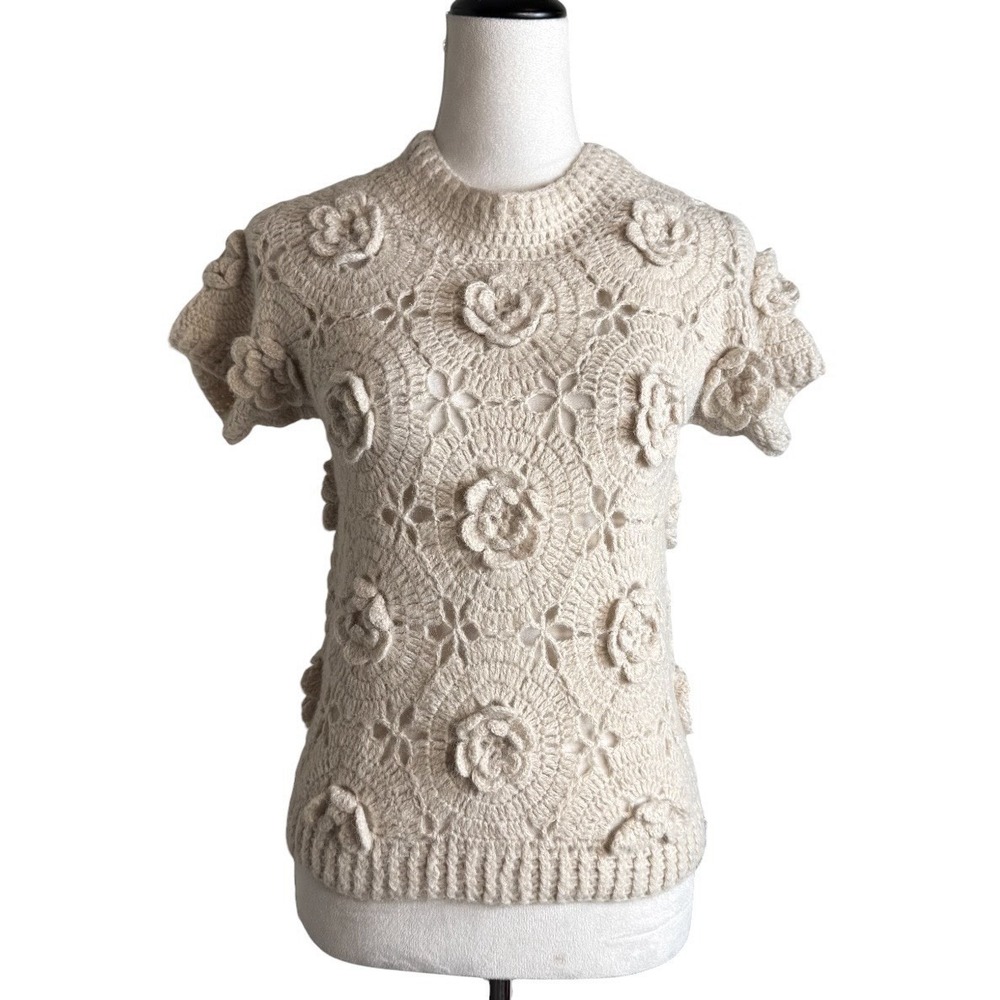 Current Air Handmade Short Sleeve Sweater 3D Floral Crochet Top XS/S Cottage NWT